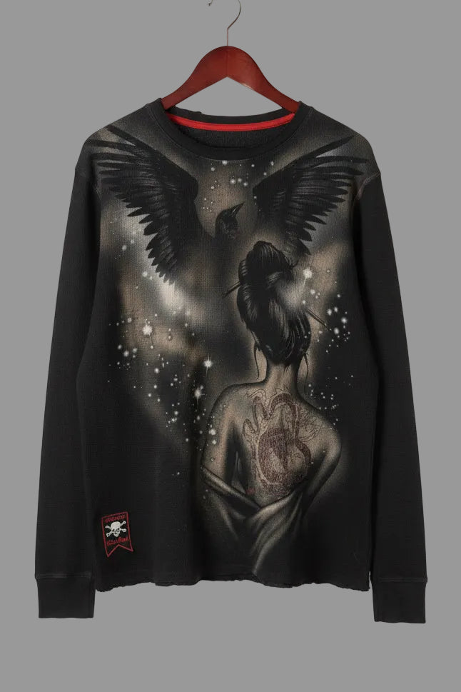 Affliction Live Fast Mens Thermal Shirt Raven Dragon Tattoo Graphic Black XL