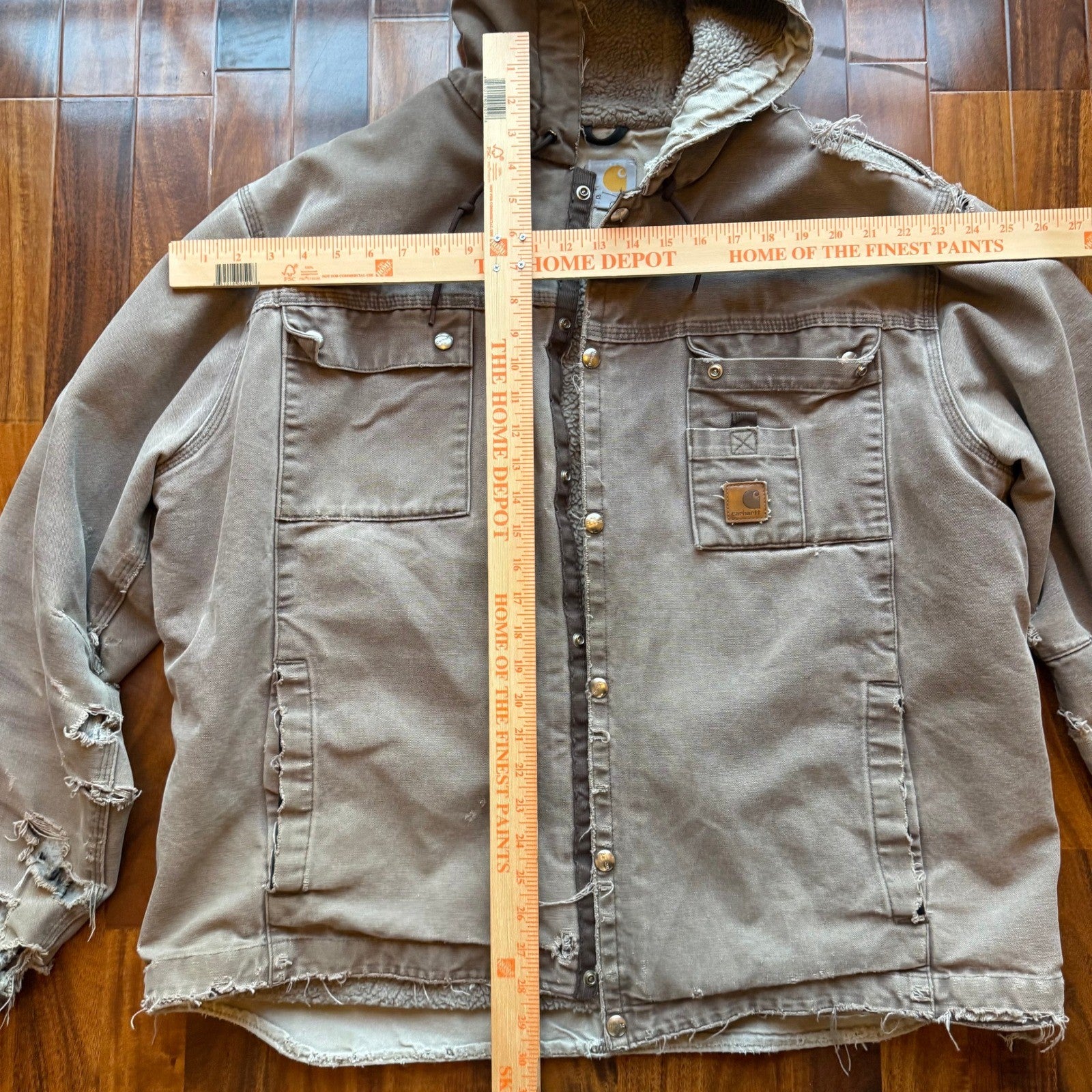 Carhartt J284 FWD Distressed Sherpa Lined Sandstone Duck Hooded Jacket Mens XL