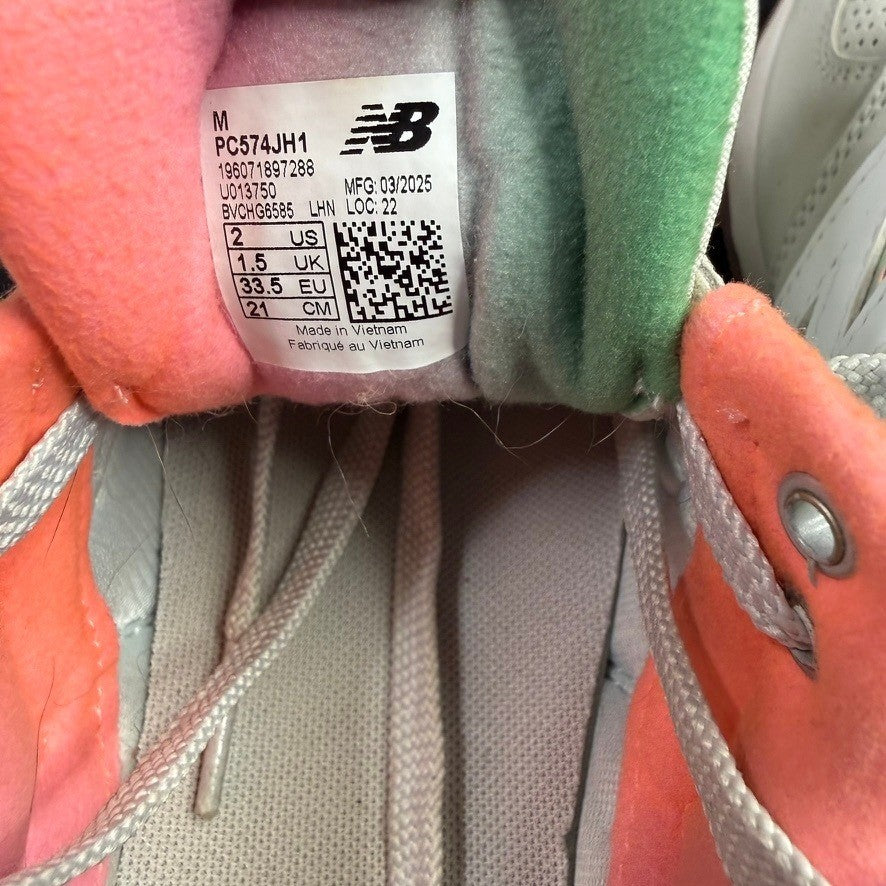 New Balance 574 Kids Shoes Size 2 Youth Gray Pink Green Holographic Accents