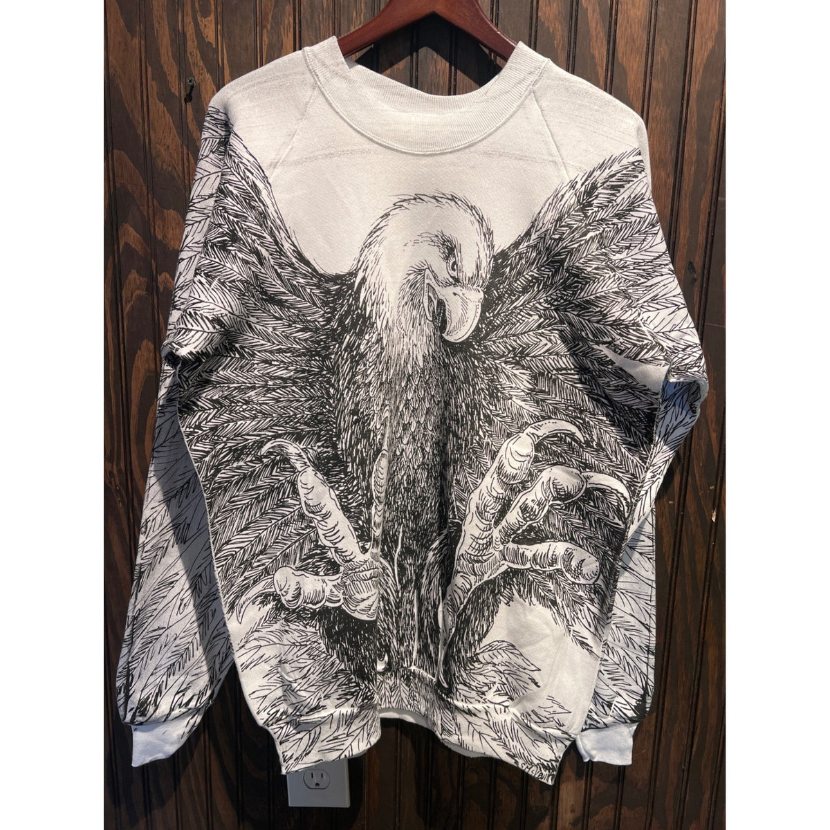 Vintage Style Bald Eagle All Over Print Graphic Sweatshirt White Raglan 22x19
