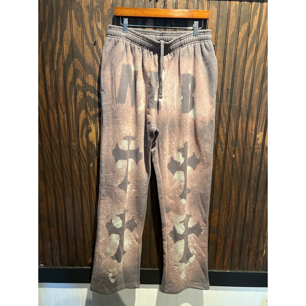 Mens Bleach Dye Cross Graphic Sweatpants Brown Streetwear Joggers 32x32