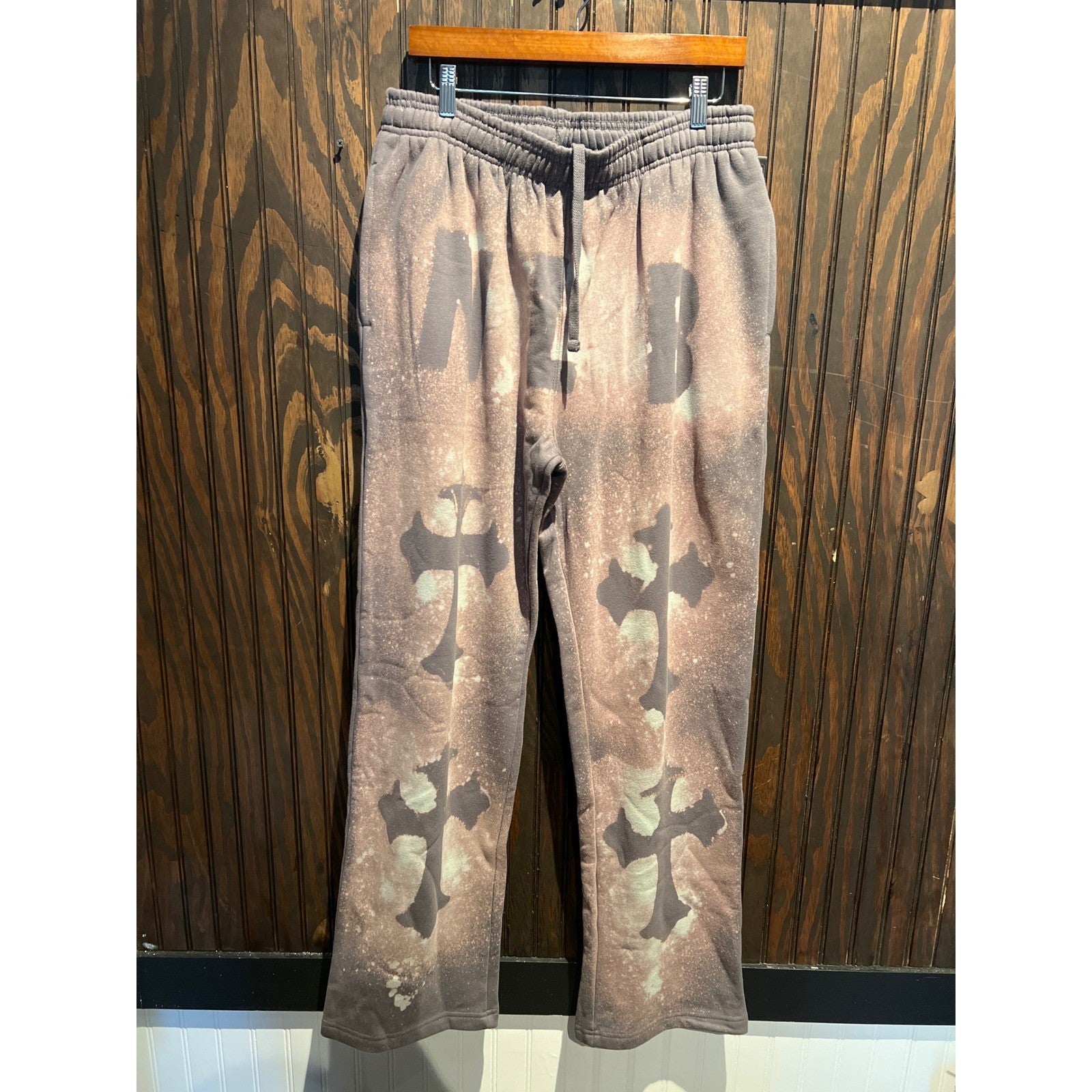 Mens Bleach Dye Cross Graphic Sweatpants Brown Streetwear Joggers 32x32