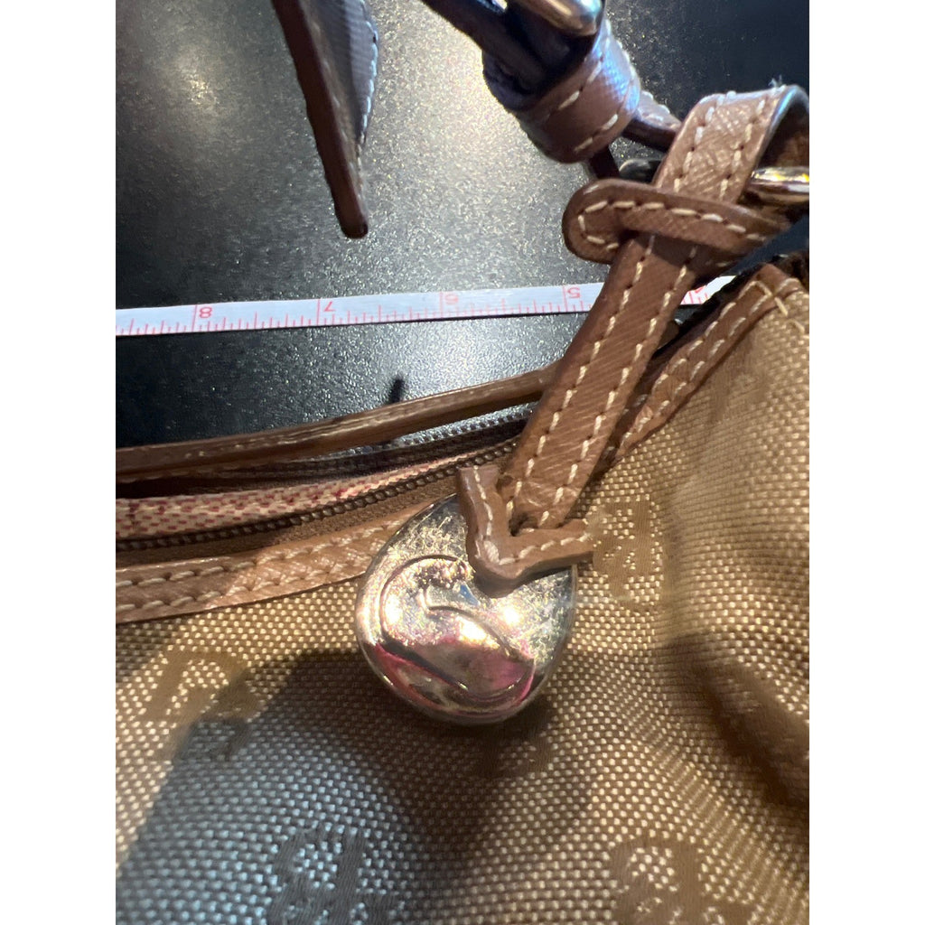 Dooney & Bourke Monogram Canvas Leather Trim Hobo Shoulder Bag Tan Brown