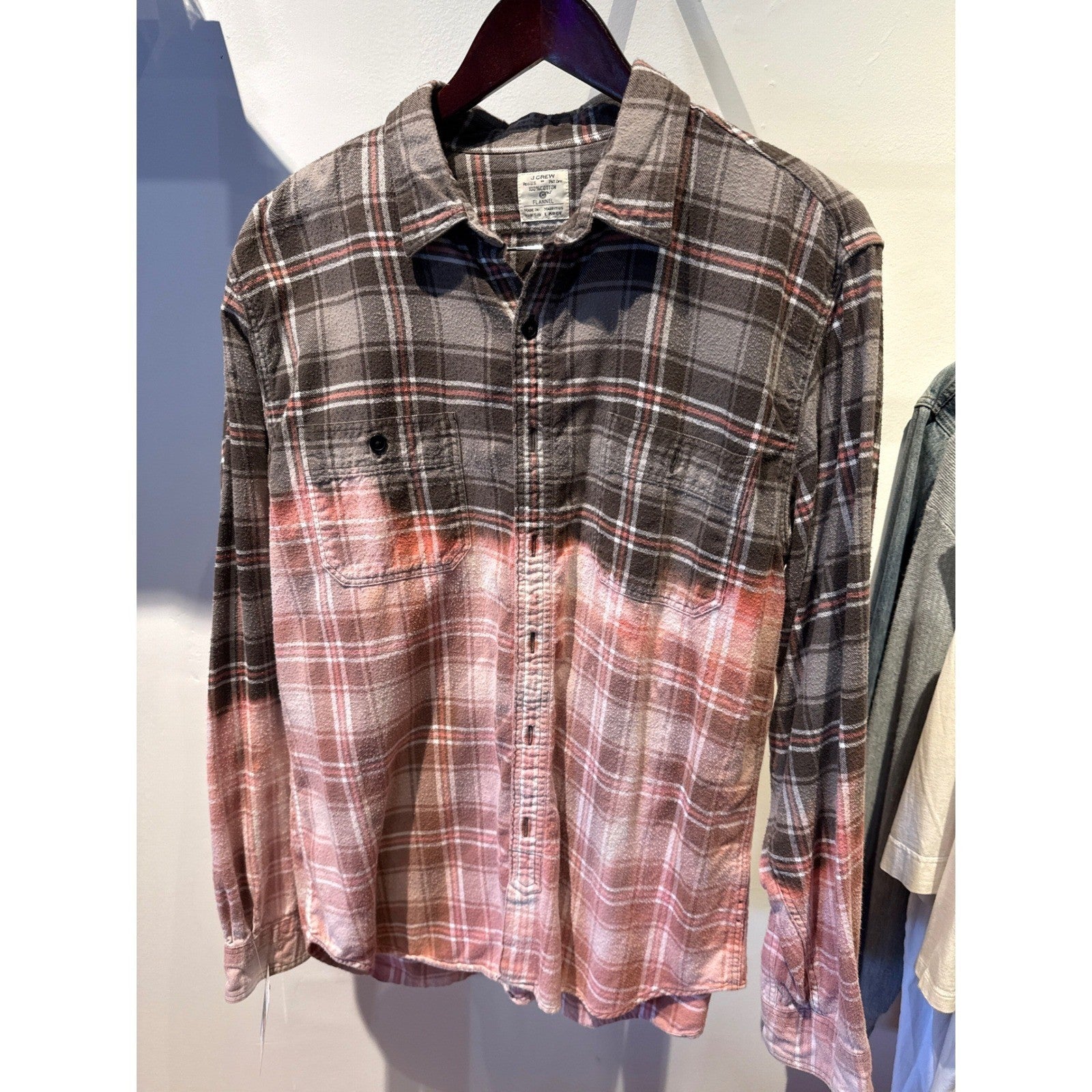 J.Crew Mens Flannel Shirt Large Grey Pink Plaid Dip Dyed Bleached Button Down