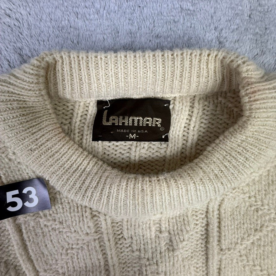 Lahmar Mens Cream Cable Knit Sweater Long Sleeve Crewneck Size M Made in USA