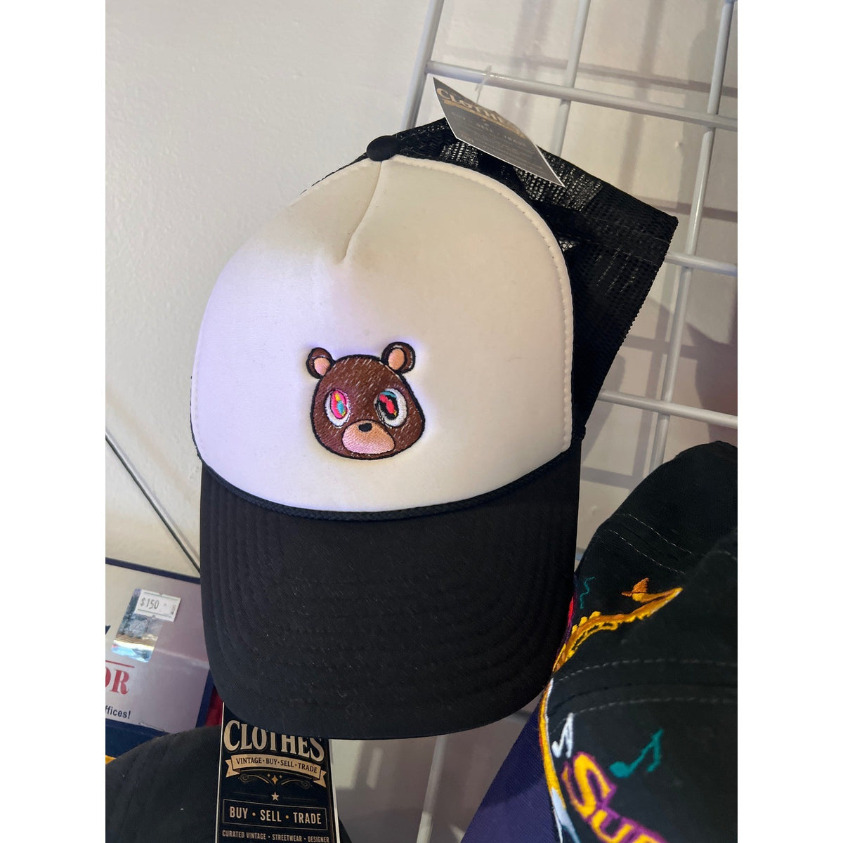 Kanye West Graduation Dropout Bear Trucker Hat White Black Mesh Snapback Cap
