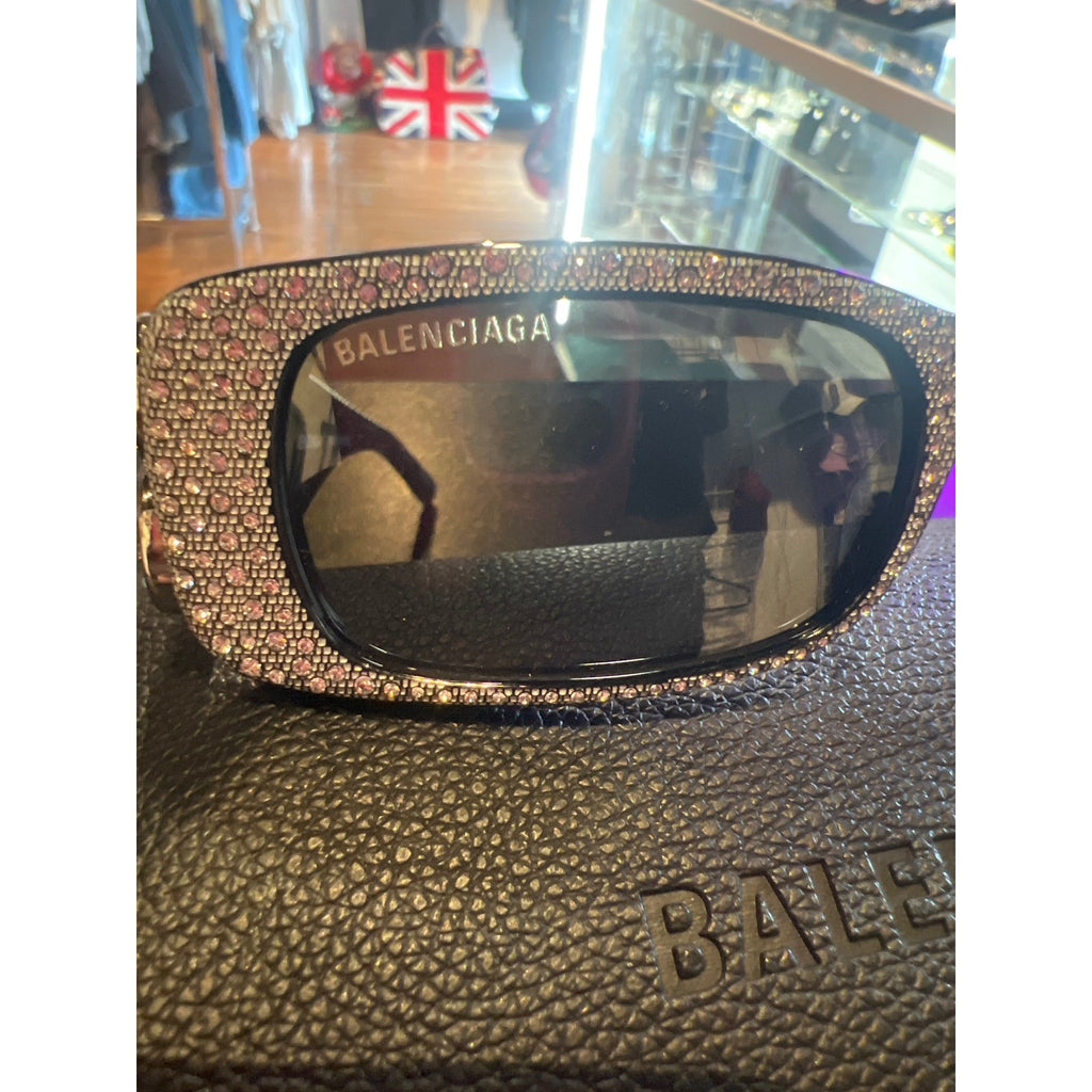 Balenciaga BB0096S Crystal Embellished Rectangular Sunglasses Blk Silver BB Logo