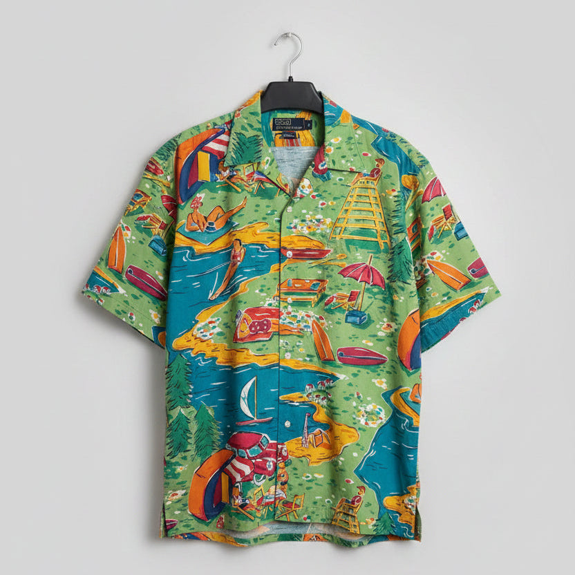 Polo Ralph Lauren Beach Scene Print Cotton Camp Shirt Green Mens Large 27x31