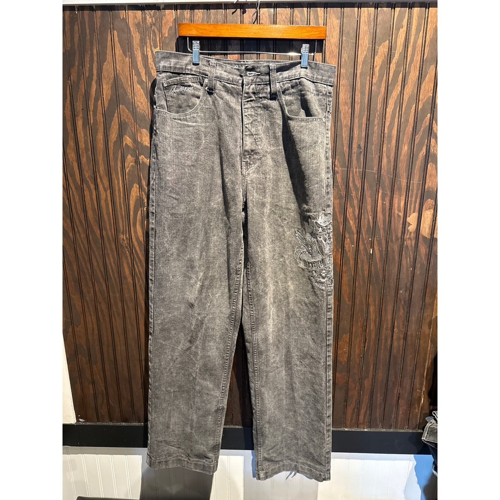 Southpole King of Hill Black Acid Wash Embroidered Relaxed Y2K Jeans Mens 34x33