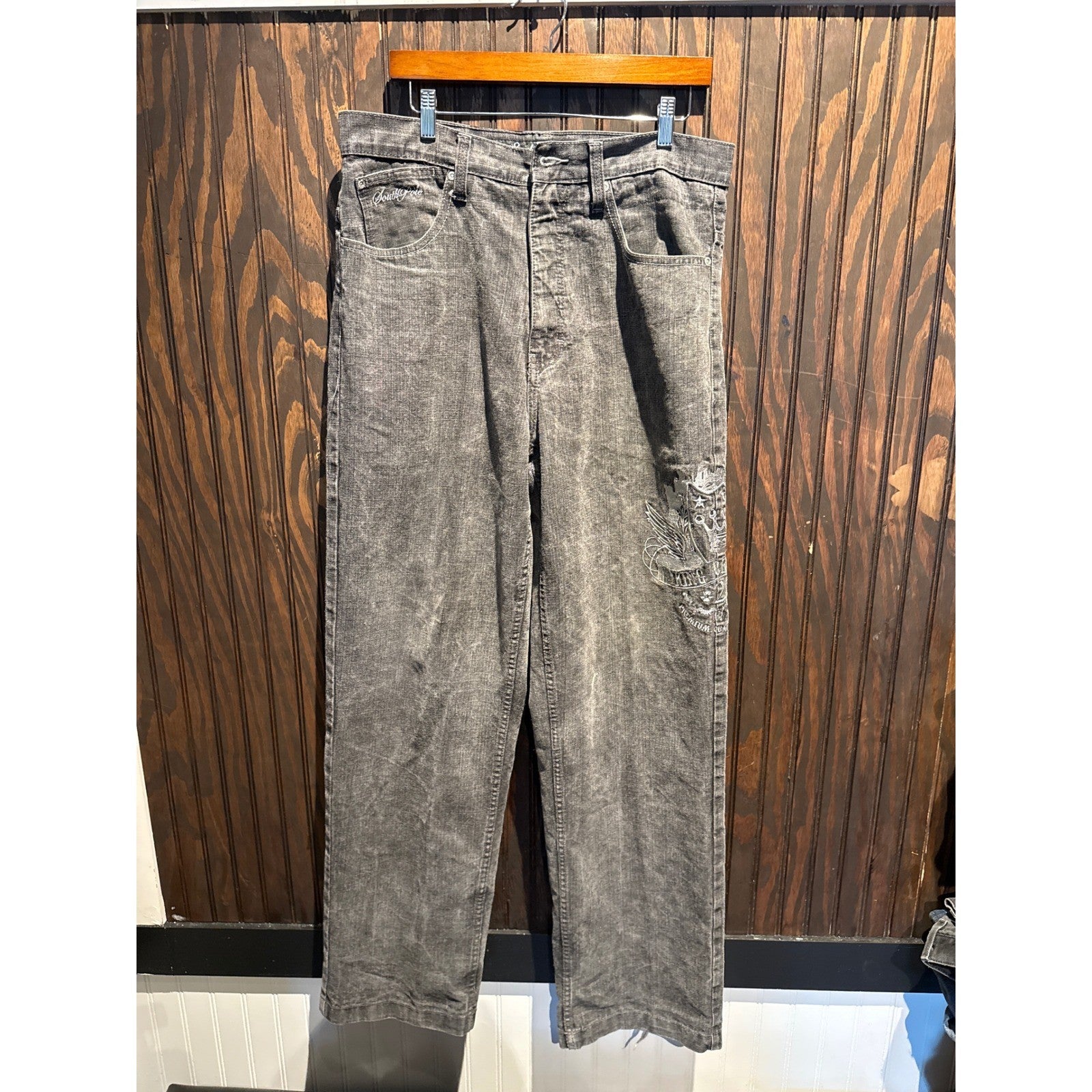 Southpole King of Hill Black Acid Wash Embroidered Relaxed Y2K Jeans Mens 34x33