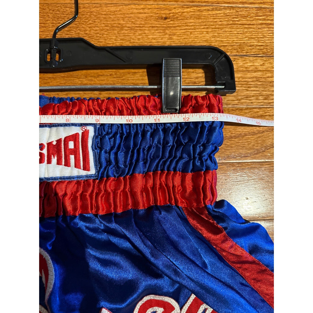 Thai Mai Muay Thai Boxing Shorts Blue Red Satin Embroidered Star Logo Athletic