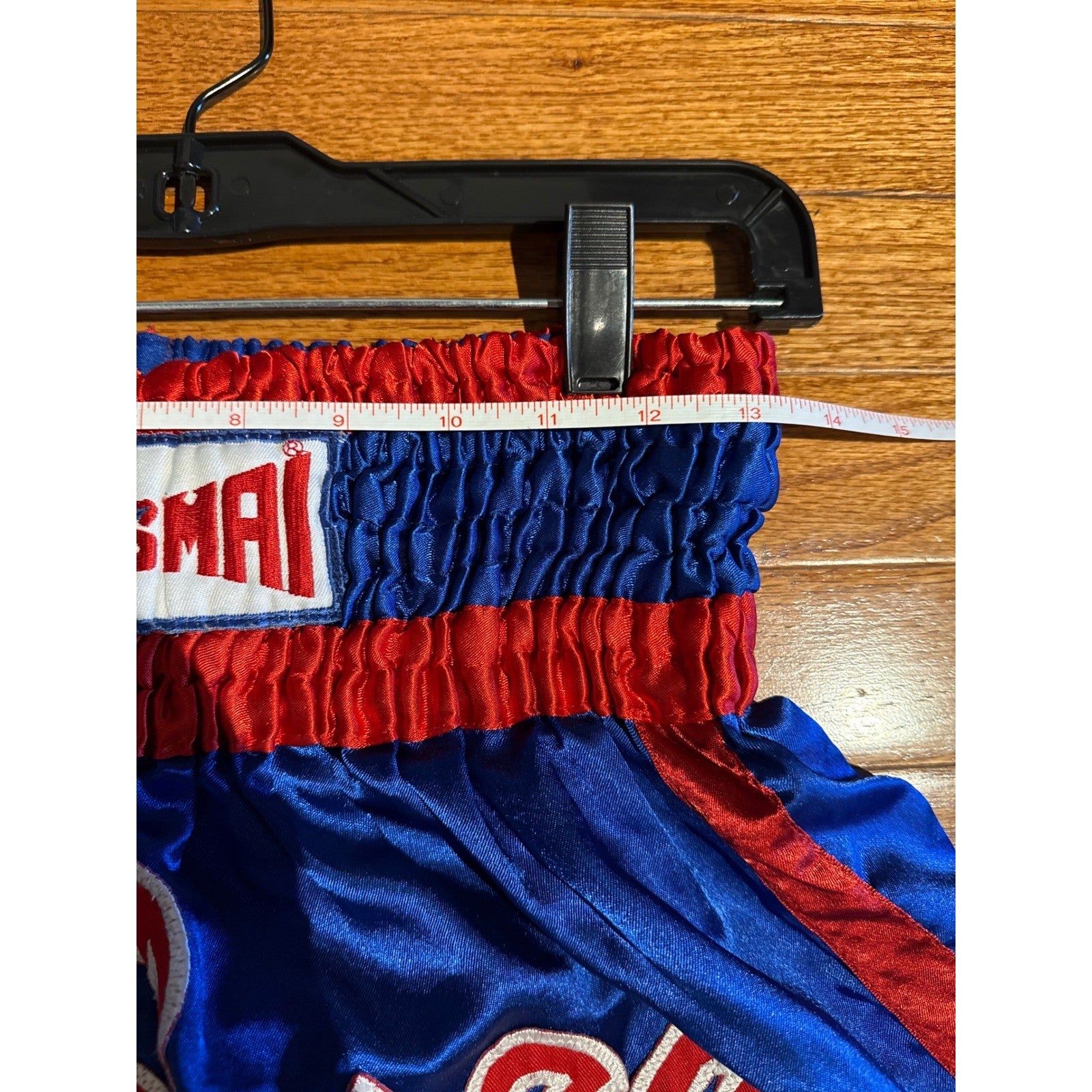 Thai Mai Muay Thai Boxing Shorts Blue Red Satin Embroidered Star Logo Athletic
