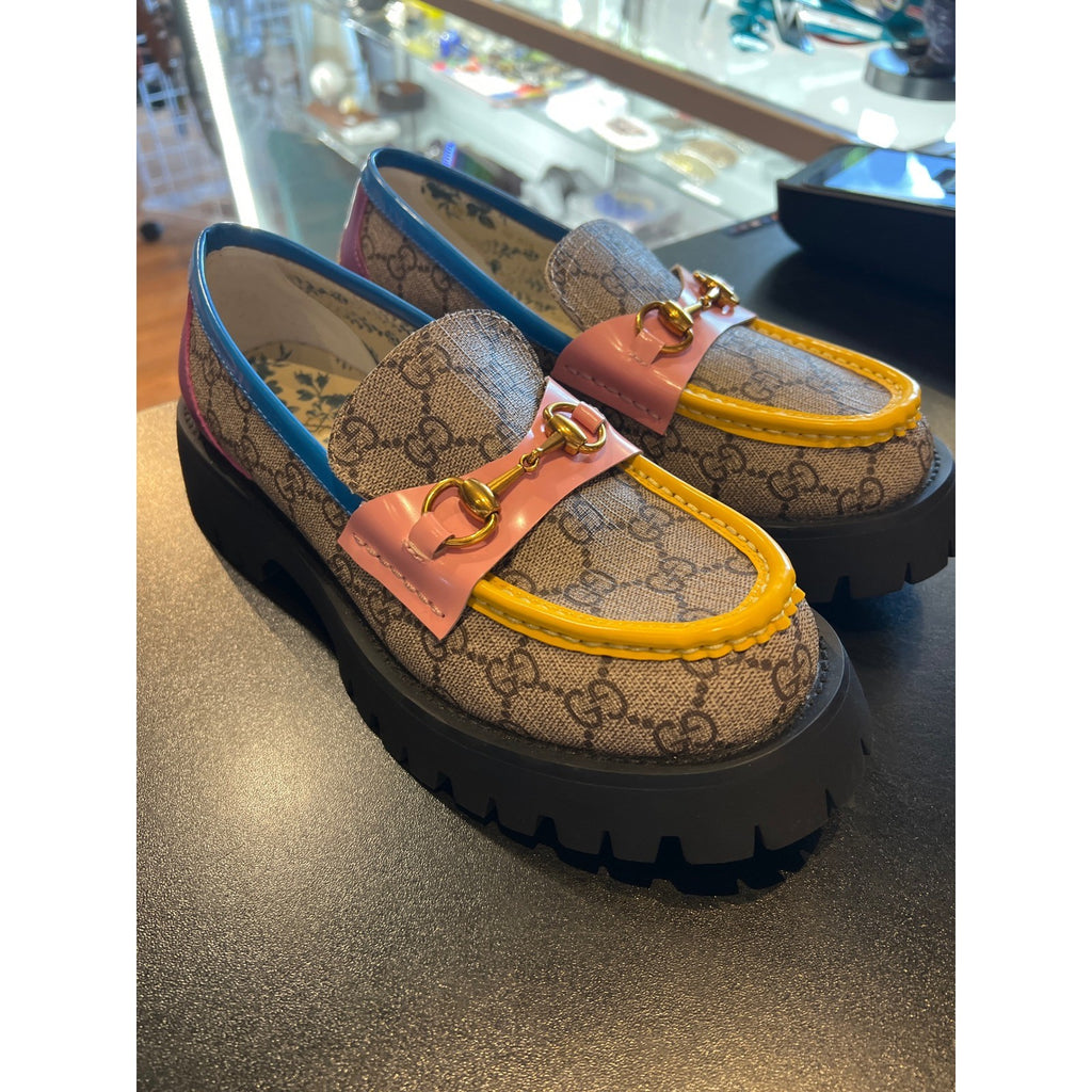 Gucci GG Supreme Horsebit Loafers Multi Color Patent Leather Lug Sole Monogram