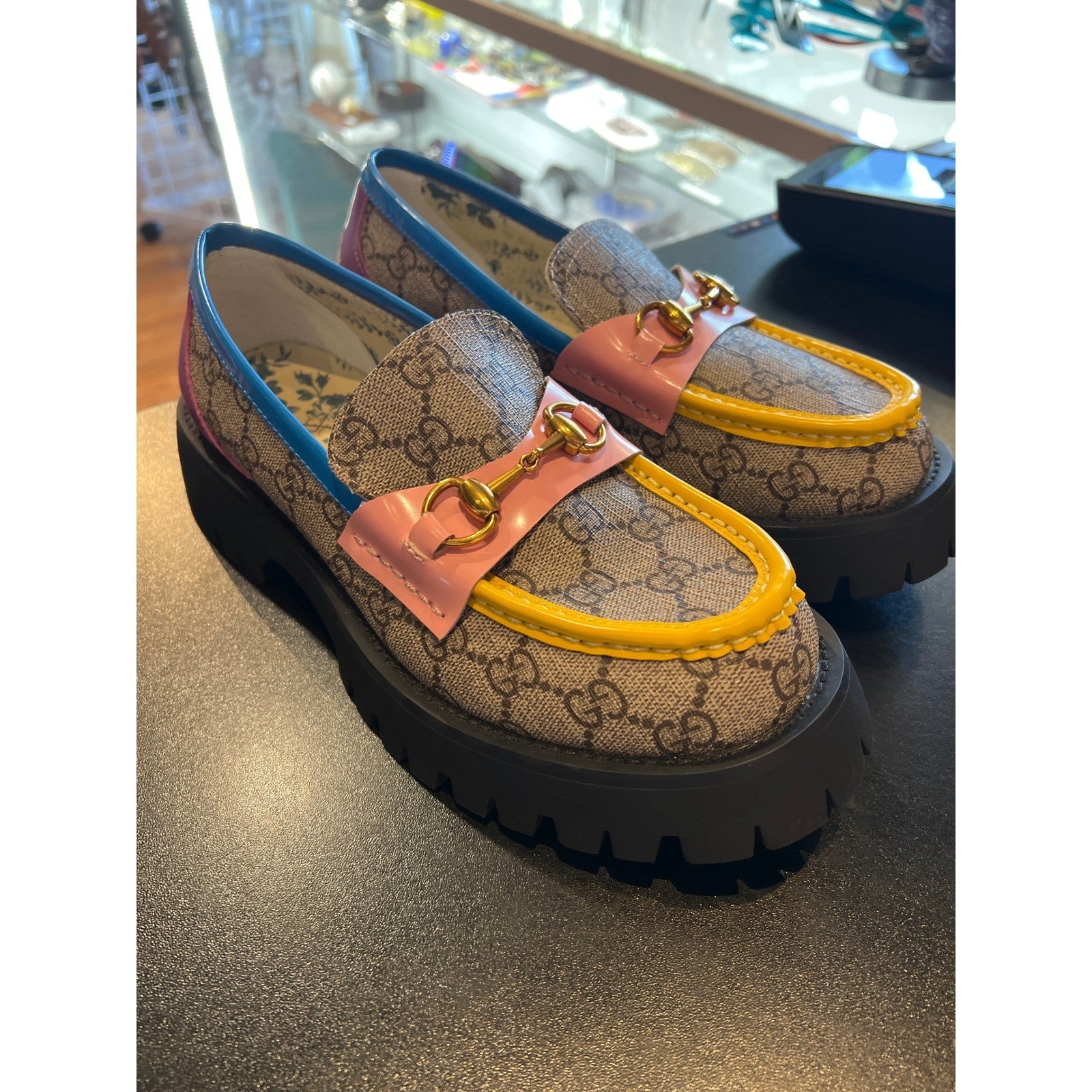 Gucci GG Supreme Horsebit Loafers Multi Color Patent Leather Lug Sole Monogram