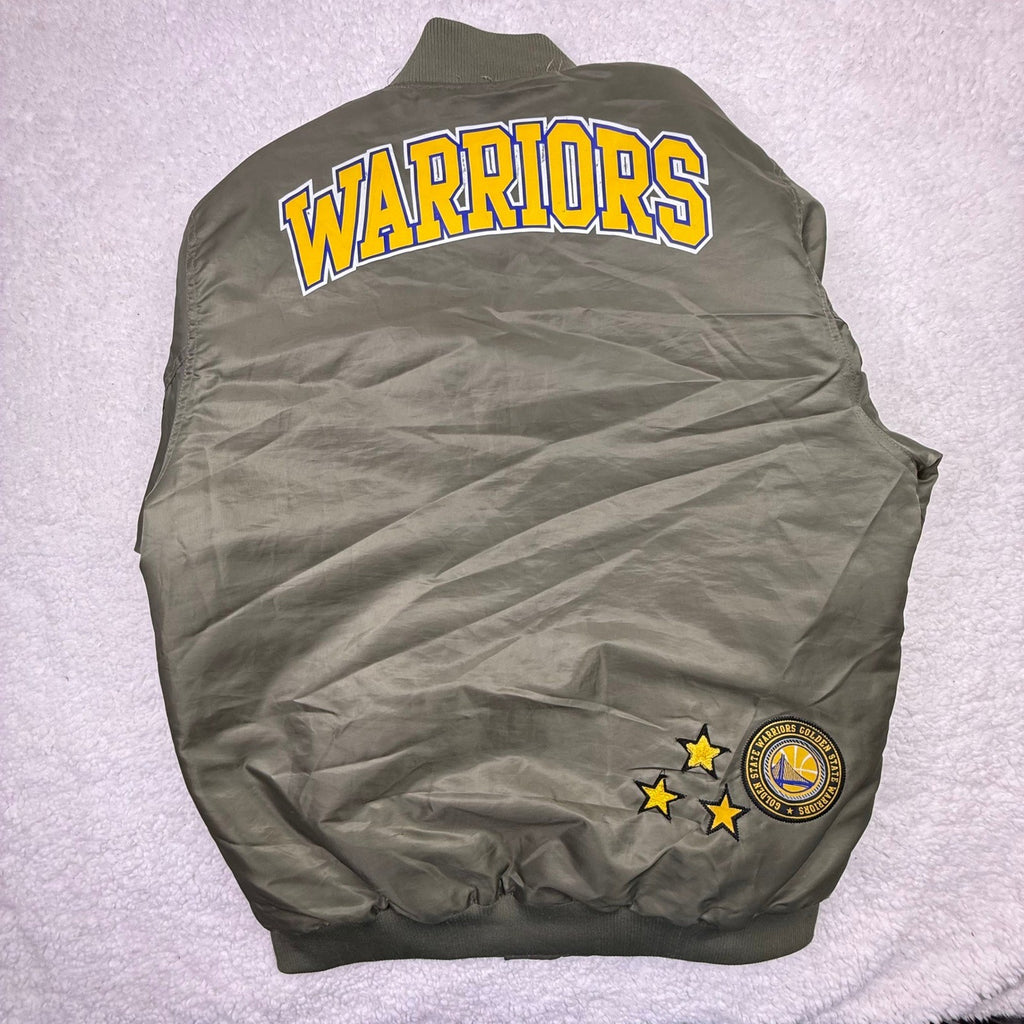 Golden State Warriors Bomber Jacket Mens XL Olive Green NBA Patch Orange Lining