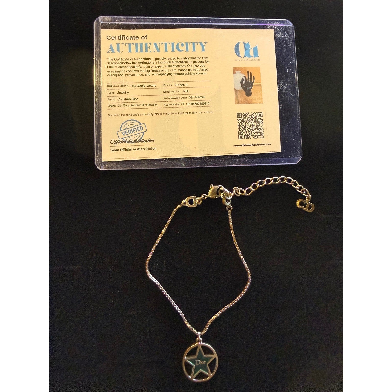 Christian Dior Vintage Gold Tone Teal Enamel Star Charm Bracelet CD Logo Pendant