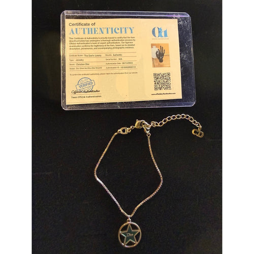 Christian Dior Vintage Gold Tone Teal Enamel Star Charm Bracelet CD Logo Pendant