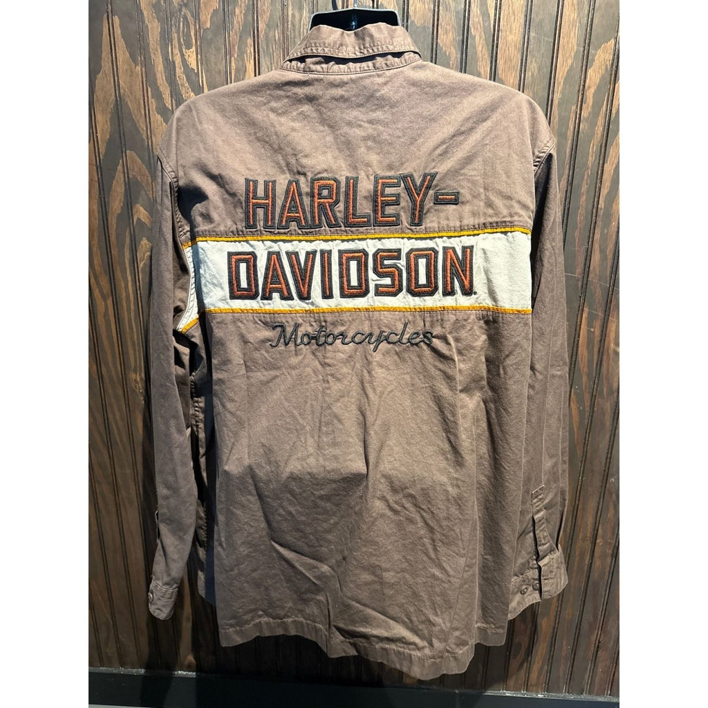 Harley Davidson Mens Brown Grey Colorblock Logo Long Sleeve Button Up Shirt XL