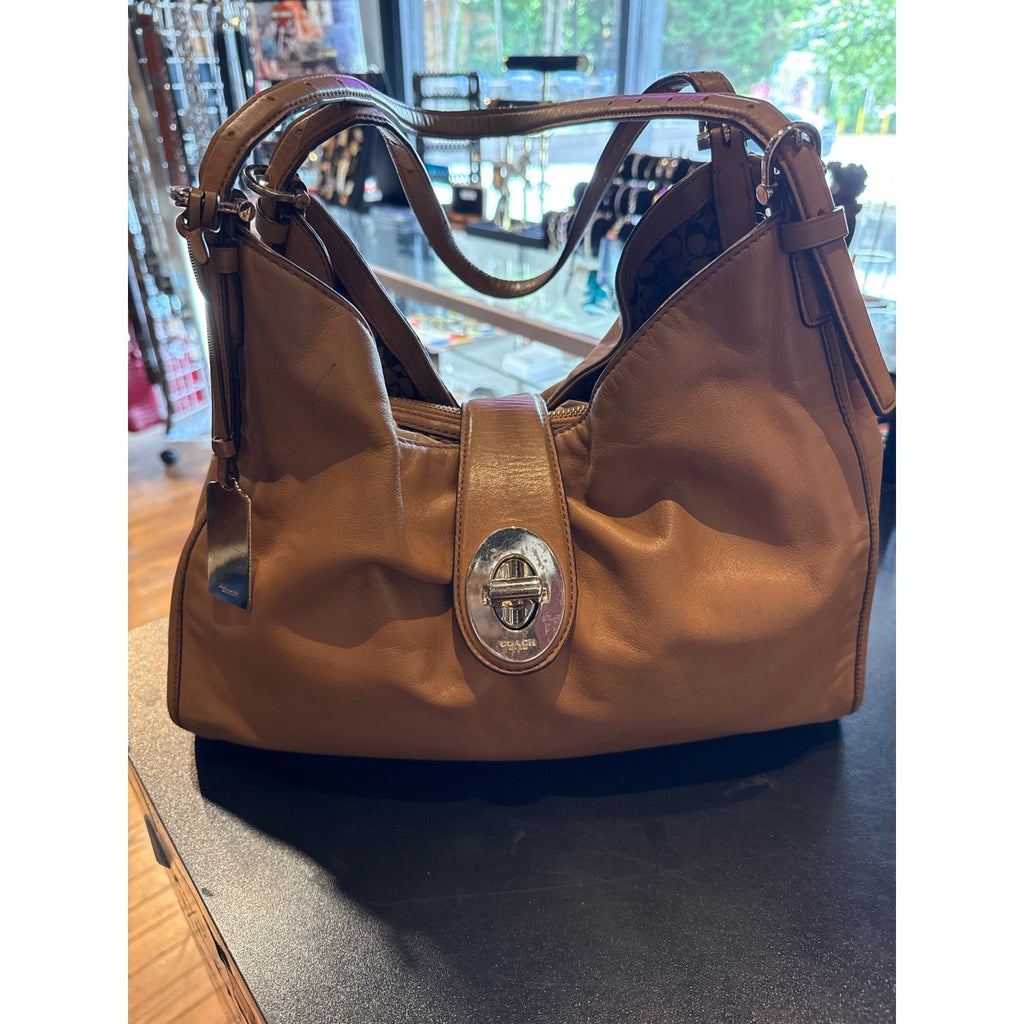 Coach Tan Leather Hobo Shoulder Bag Silver Turnlock Handbag 13x11