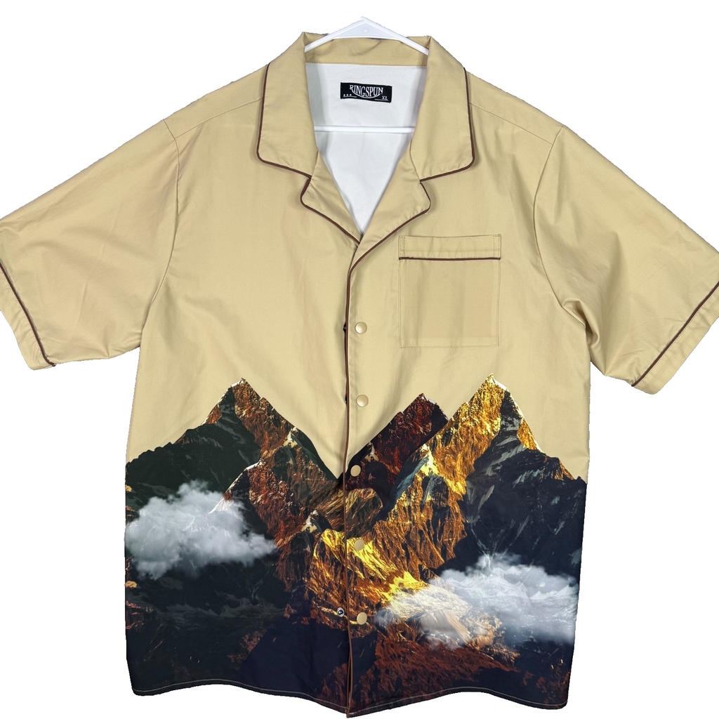 KINGSPUN Mens Beige Mountain Print Short Sleeve Button Up Shirt Top XL