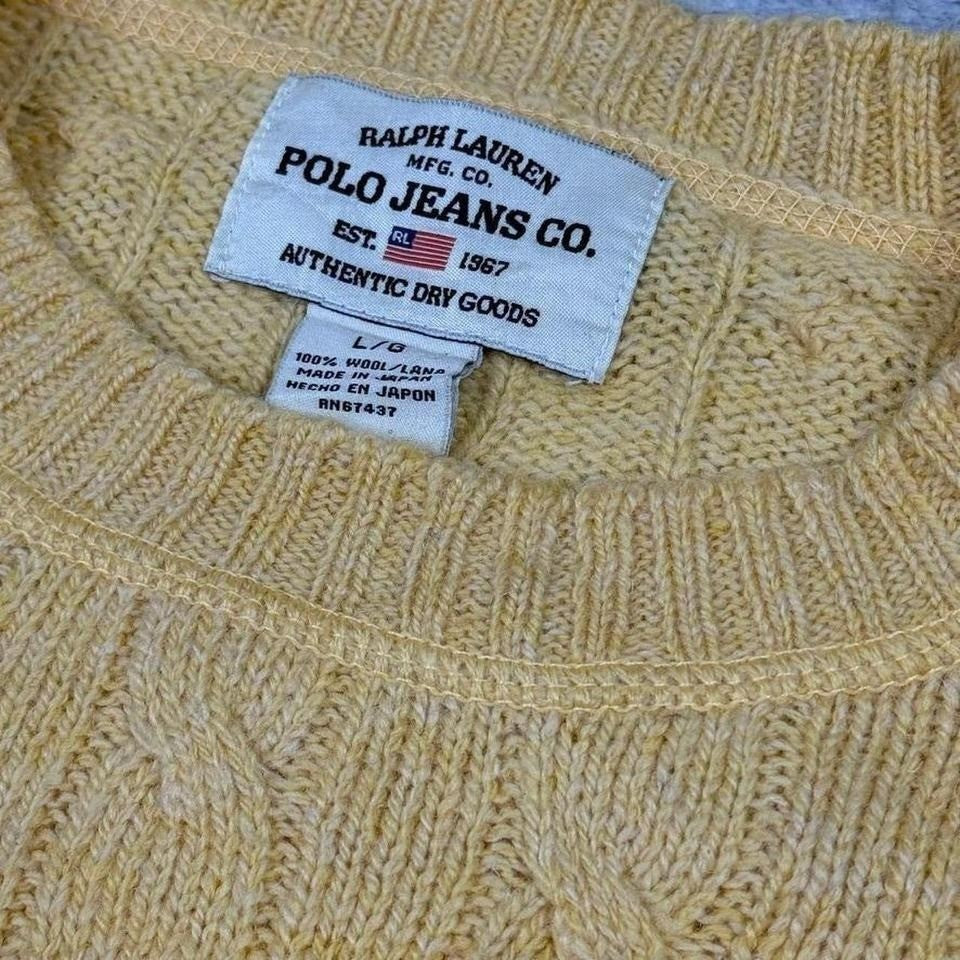 Ralph Lauren Polo Jeans Co Mens Wool Cable Knit Sweater Yellow Cream L Large