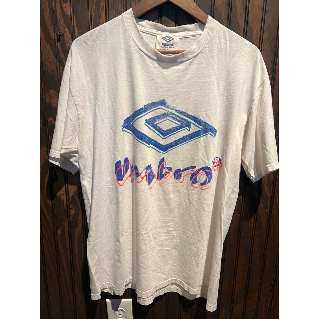 Vintage 90s Umbro Graphic T-Shirt White Single Stitch Made in USA Large Soccer