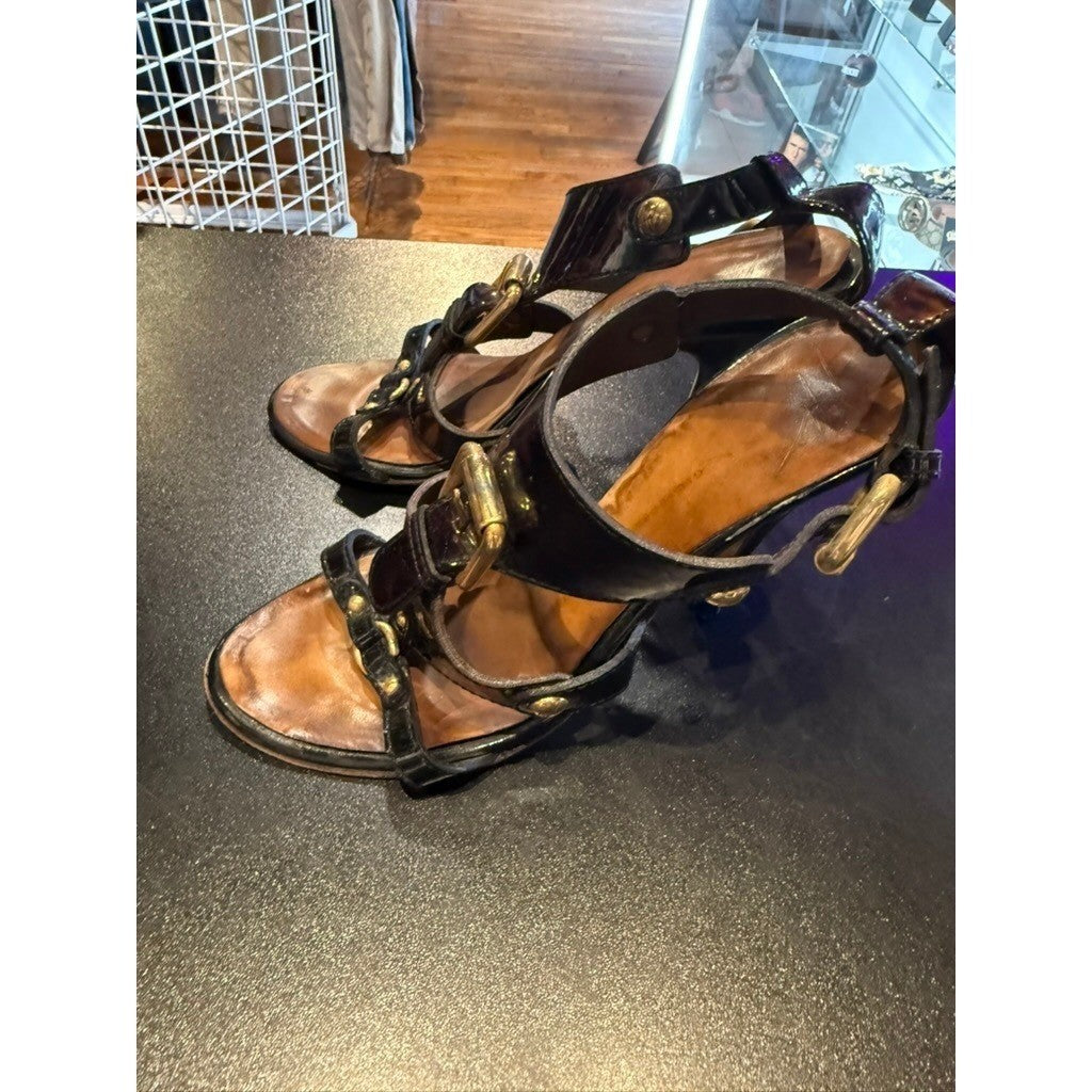 Giuseppe Zanotti Brown Tortoise Patent Leather Buckle Strappy Stiletto Heels
