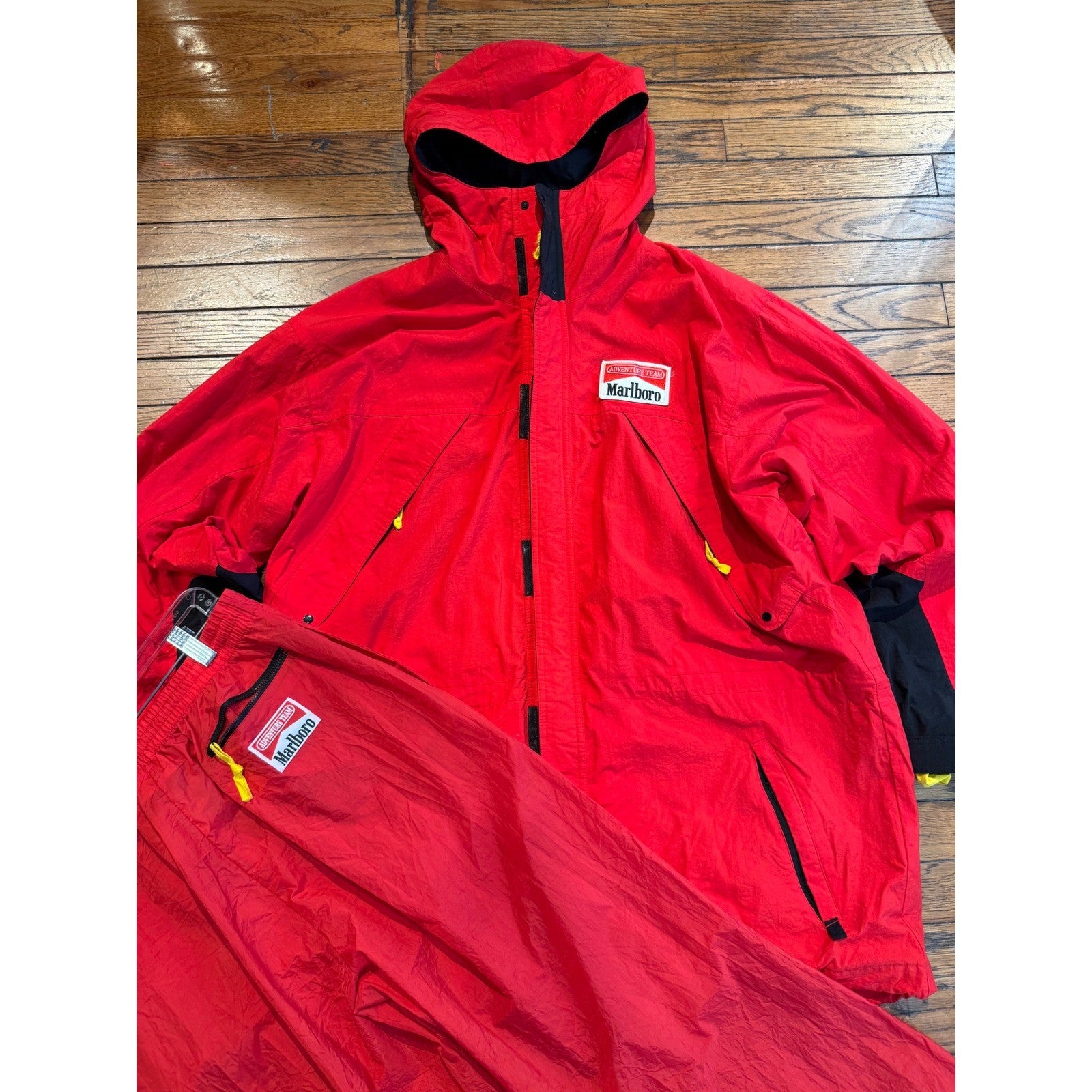 Vintage Marlboro Adventure Team Red Nylon Track Suit Jacket XL Pants L 90s Set