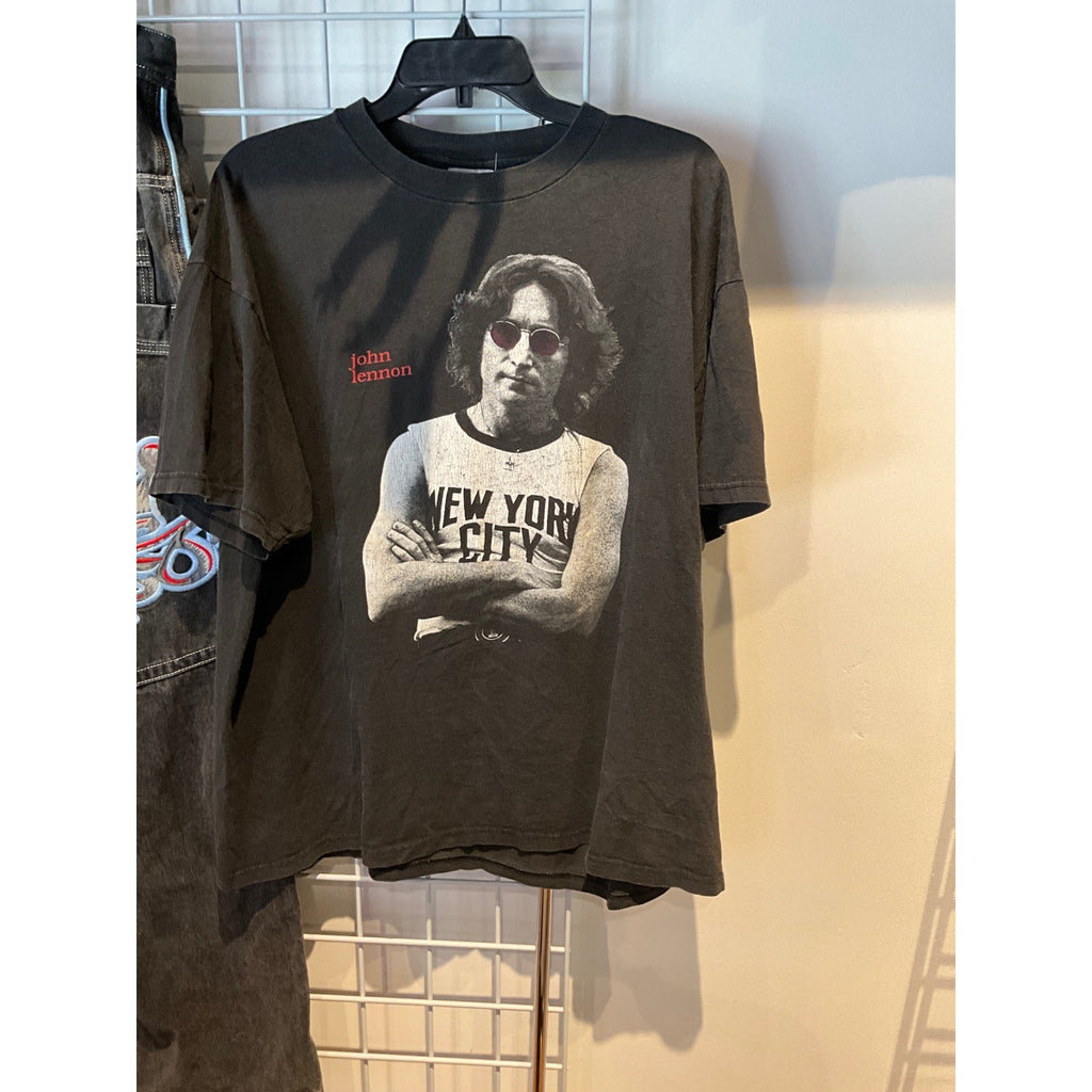 John Lennon NYC Graphic T-Shirt Mens Faded Black Imagine Lyrics Rock Band Tee