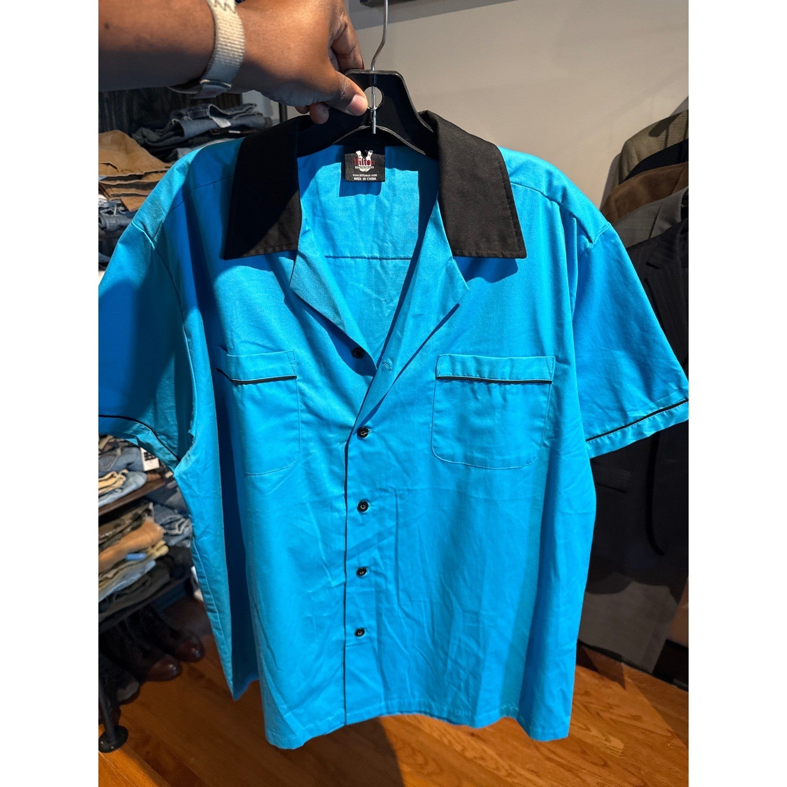 Steady Clothing Mens Bowling Shirt Turquoise Blue Black Rockabilly Retro Large