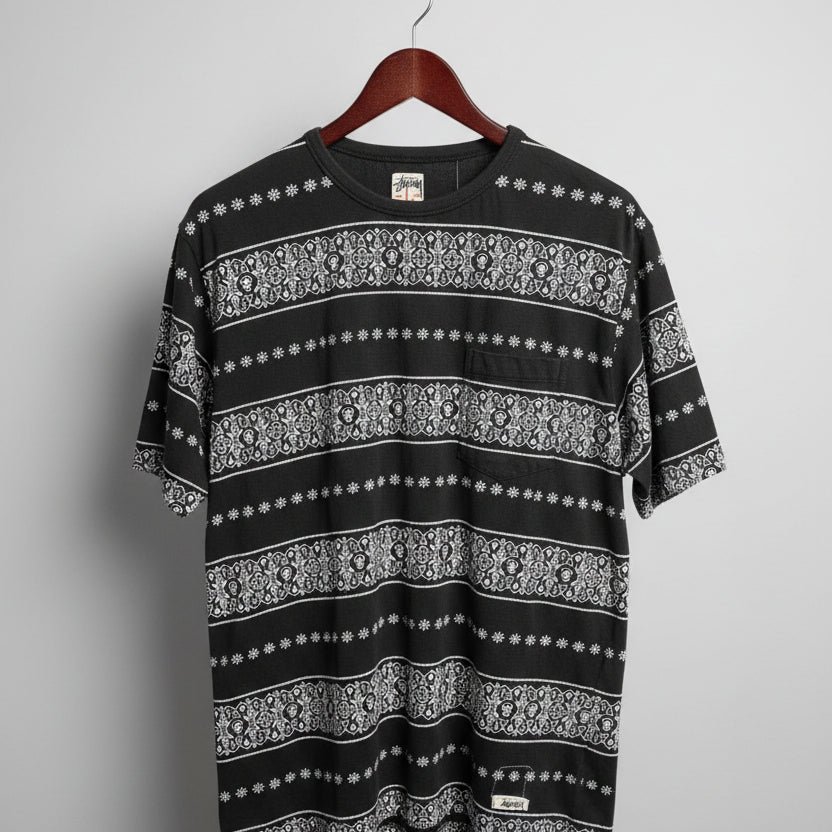 Stussy Authentic Gear Mens Black White Skull Stripe Pocket T-Shirt Large XL