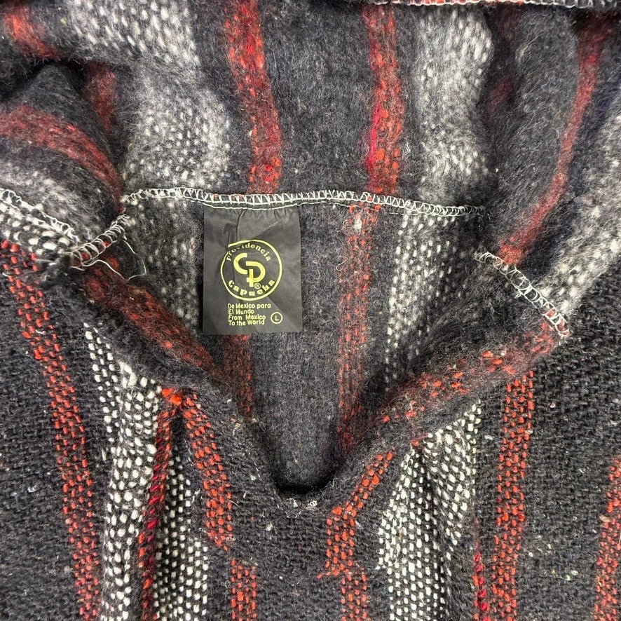 Men's Baja Hoodie Drug Rug Pullover Sweater Charcoal Red Striped Size L