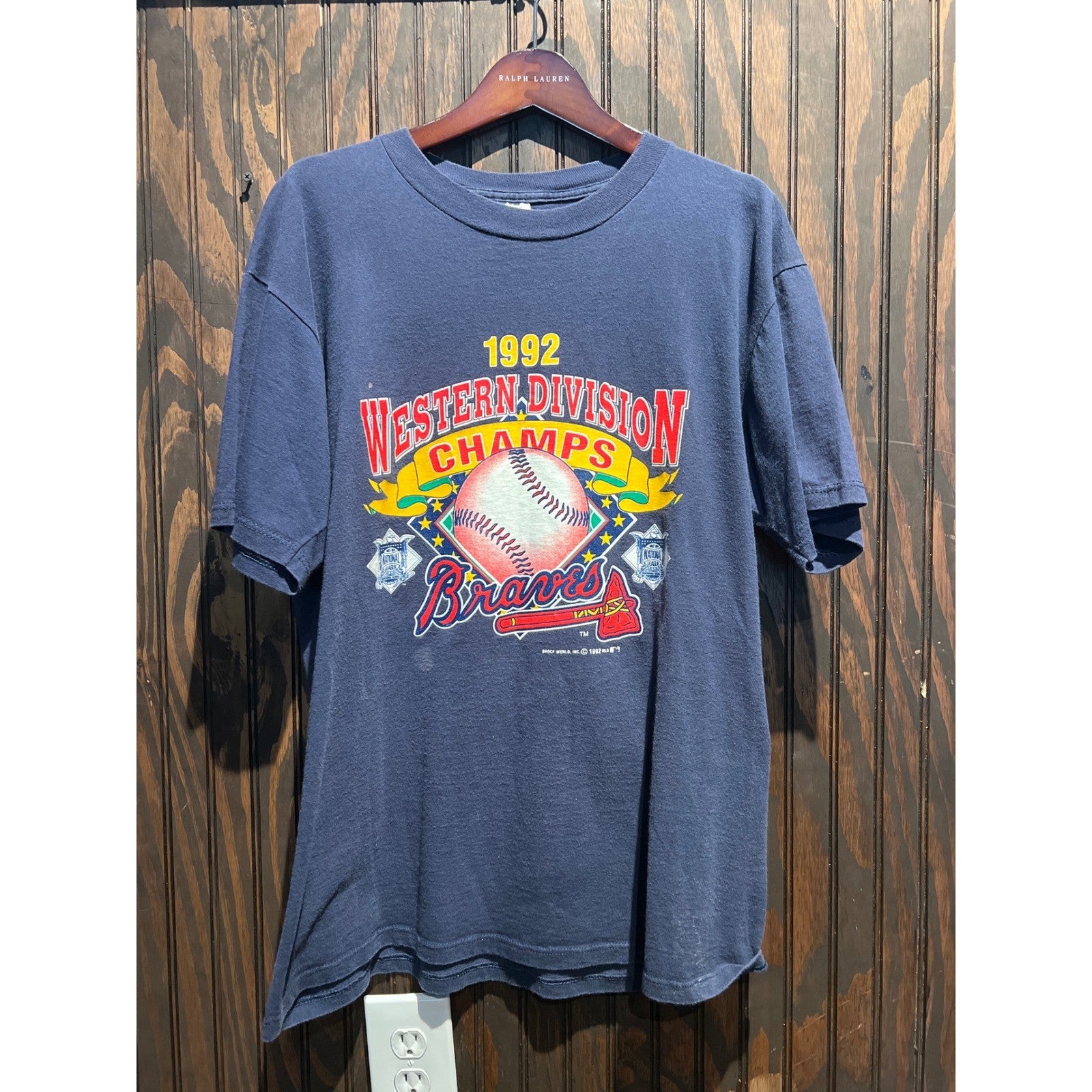 Vintage 1992 Atlanta Braves Western Division Champs T-Shirt Navy Blue XL 22x28