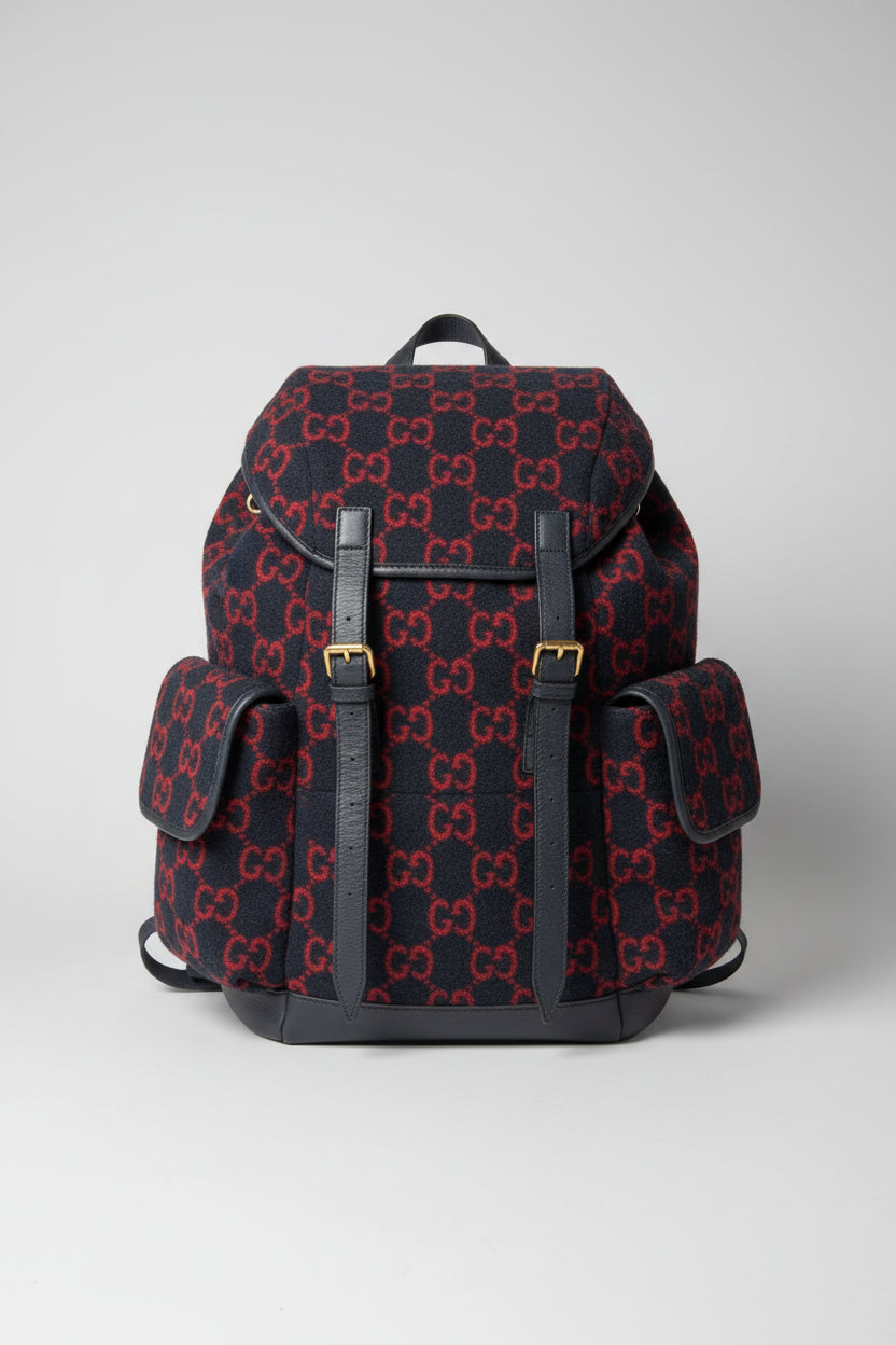 Gucci GG Monogram Wool Leather Backpack Navy Blue Red Large Rucksack Italy