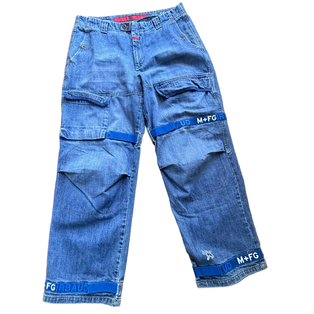 Marithe Francois Girbaud Shuttle Tape Cargo Jeans Blue Baggy Wide Leg 36x31