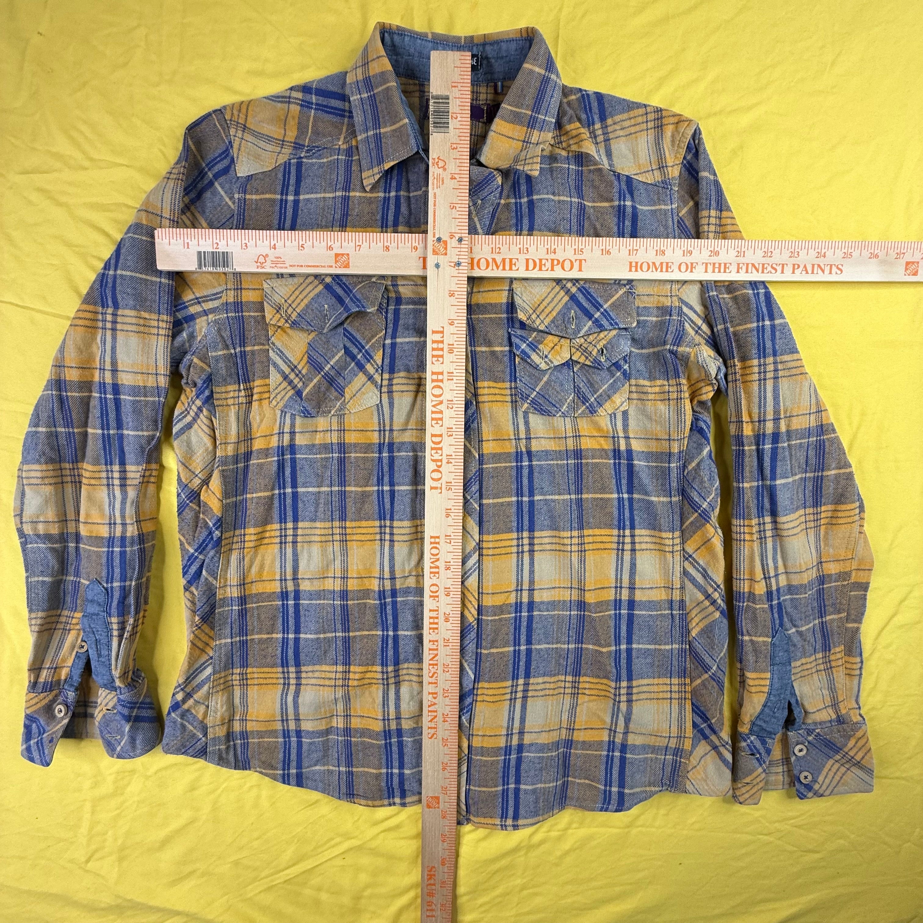 Akoo Mens Blue Yellow Plaid Flannel Button Down Shirt Long Sleeve Size Large