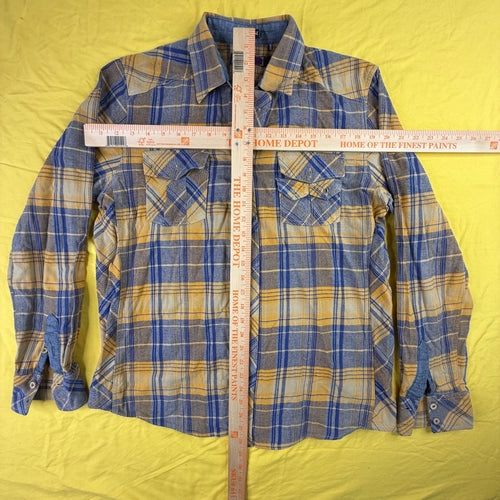 Akoo Mens Blue Yellow Plaid Flannel Button Down Shirt Long Sleeve Size Large