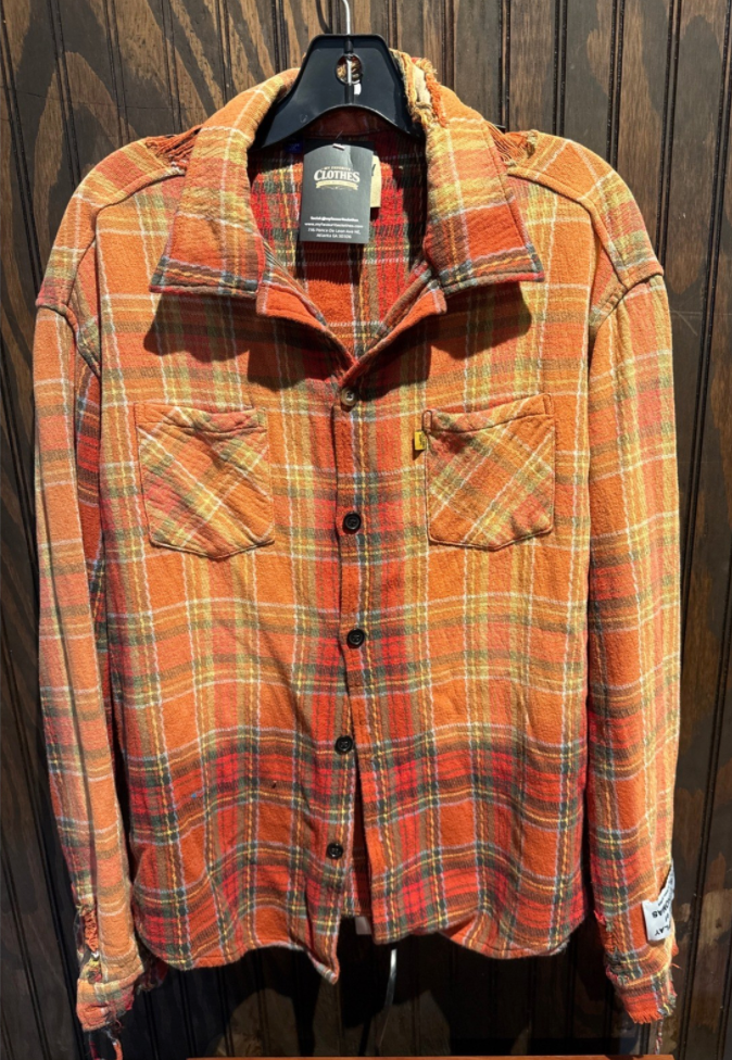Gallery Dept Mens Plaid Distressed Flannel Shirt Red Orange Large Made in USA