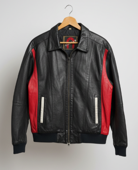 Vintage Italian Black Red Leather Bomber Jacket Racing Moto Style Full Zip Large  broken zipper