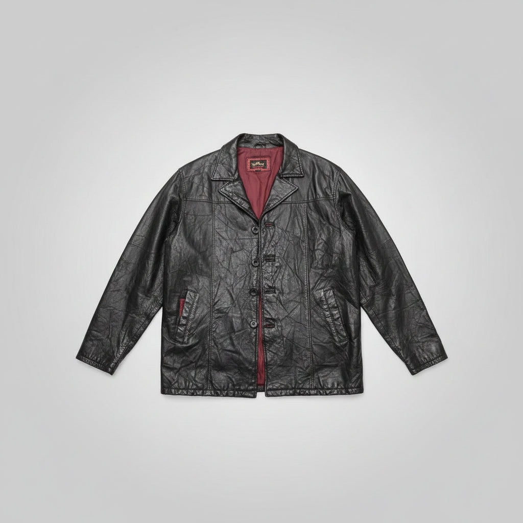 Haband Executive Division Mens Black Patchwork Genuine Leather Car Coat Jacket L
