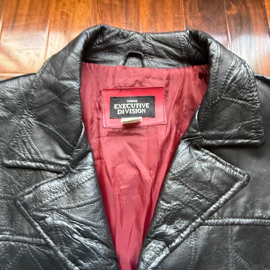 Haband Executive Division Mens Black Patchwork Genuine Leather Car Coat Jacket L