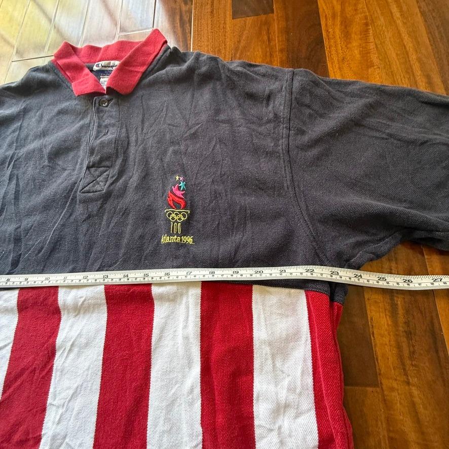 Vintage Champion 1996 Atlanta Olympics Polo Shirt XL Navy Red White Striped USA