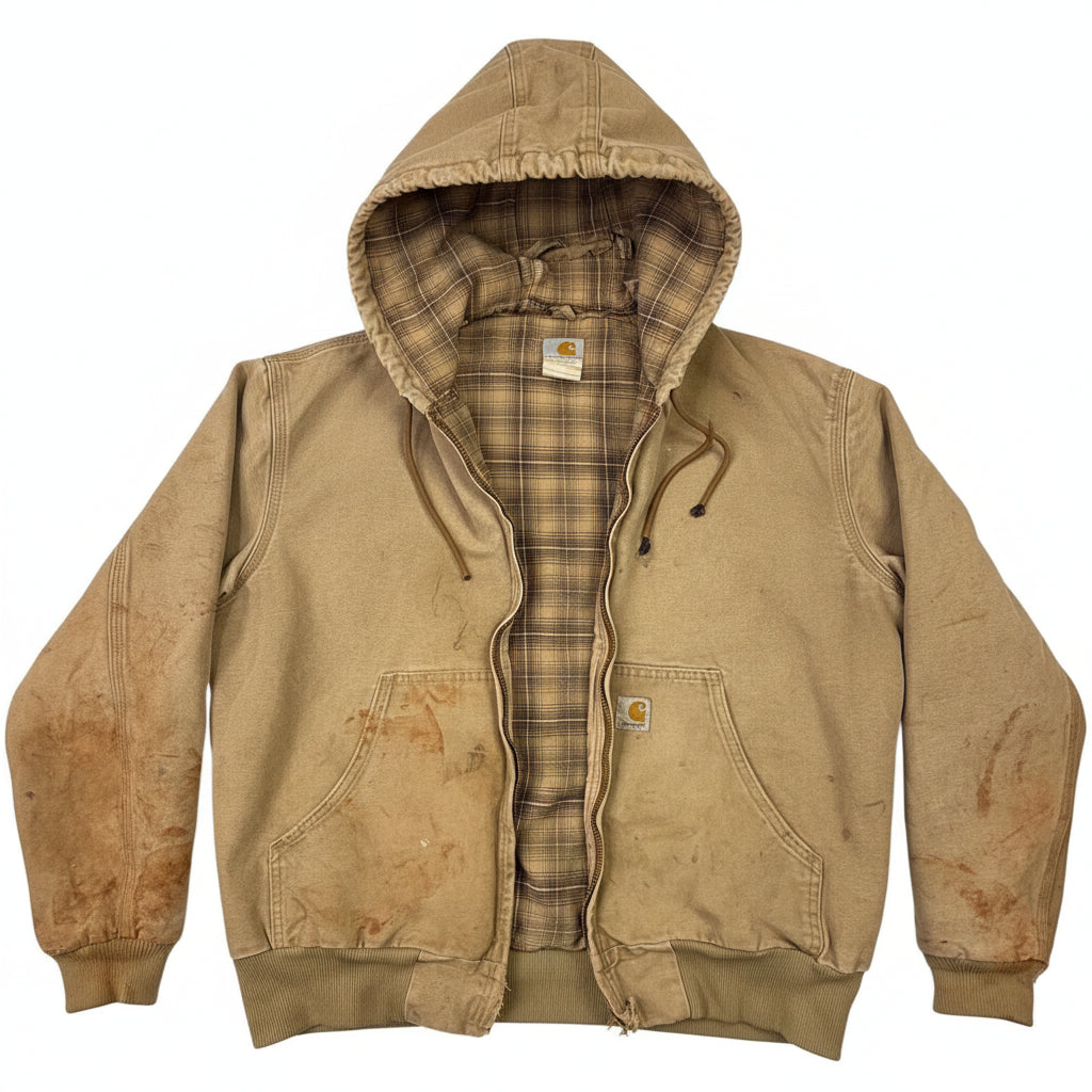 Carhartt Sandstone Duck Sherpa Lined Hooded Work Jacket Mens Large Tan Workwear