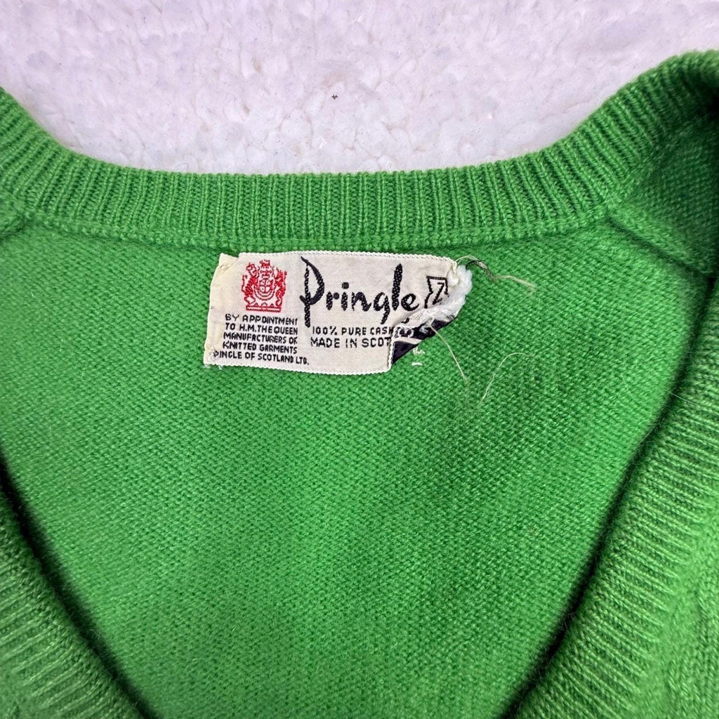 Pringle Scotland Pure Cashmere V Neck Sweater Womens 38 Green Made in Scotland