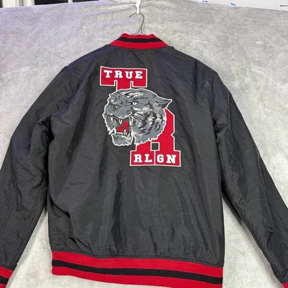 True Religion Varsity Jacket Mens Black Red Tiger Logo Bomber Snap Front Size XL