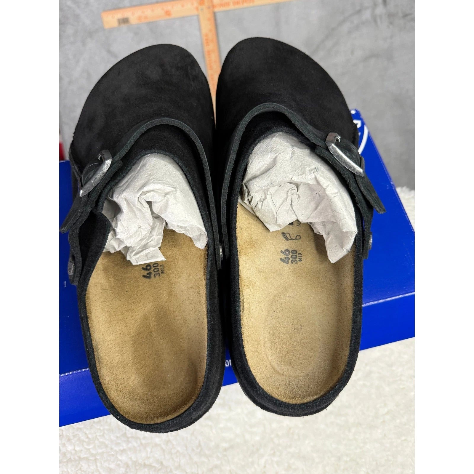 Birkenstock Black Suede Clog Shoes Buckle Strap Slip On Comfort Size 13 W BOX