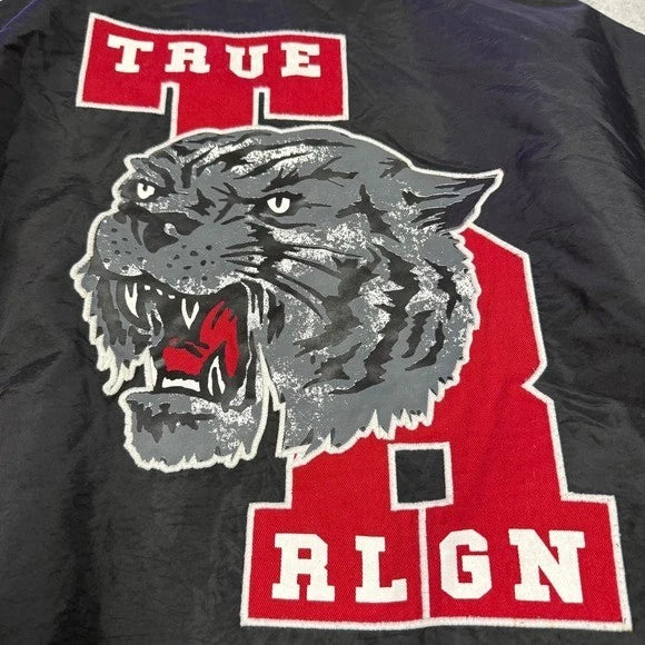 True Religion Varsity Jacket Mens Black Red Tiger Logo Bomber Snap Front Size XL
