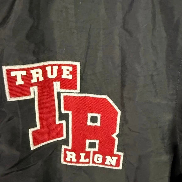 True Religion Varsity Jacket Mens Black Red Tiger Logo Bomber Snap Front Size XL