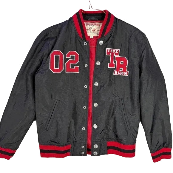 True Religion Varsity Jacket Mens Black Red Tiger Logo Bomber Snap Front Size XL