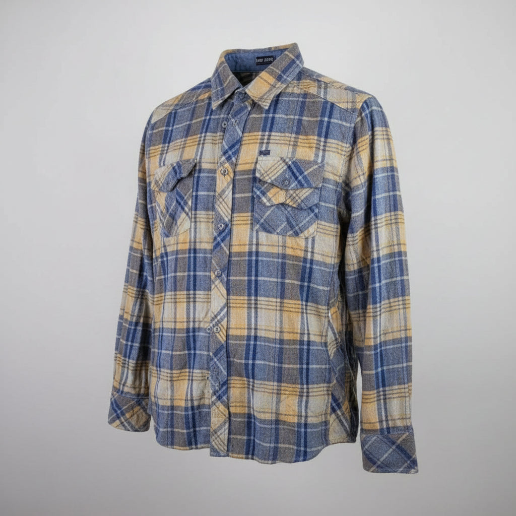 Akoo Mens Blue Yellow Plaid Flannel Button Down Shirt Long Sleeve Size Large